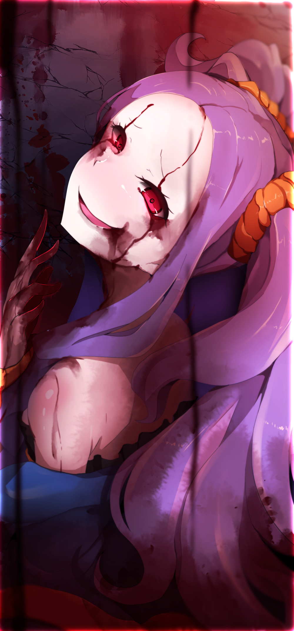 bad_id bad_pixiv_id bare_shoulders blood blood_on_face blood_stain bloody_hands chinese_clothes cracked_wall fate/grand_order fate_(series) grin highres horror_(theme) long_hair looking_at_viewer off_shoulder purple_hair red_eyes smile solo twintails upper_body wada_kazu wu_zetian_(fate/grand_order)