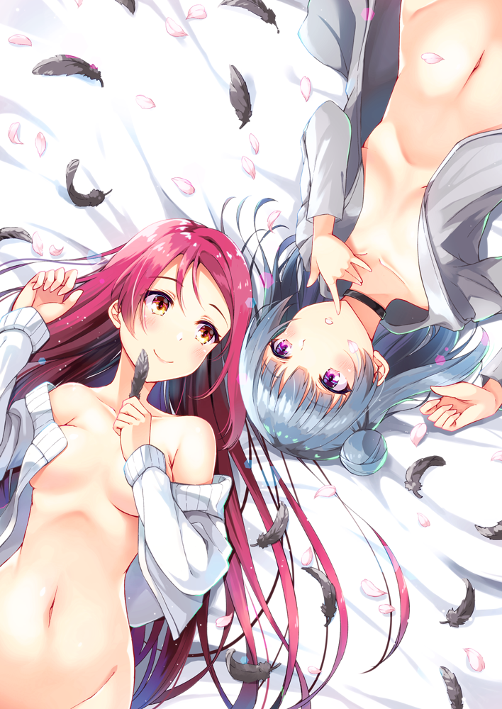 bed_sheet black_feathers blush breasts brown_eyes cardigan choker cleavage collarbone from_above grey_sweater groin hair_between_eyes holding_feather long_hair love_live! love_live!_sunshine!! medium_breasts multiple_girls navel open_cardigan open_clothes open_mouth petals purple_eyes red_hair sakurauchi_riko small_breasts smile sweater syuurin tsushima_yoshiko underboob very_long_hair white_sweater