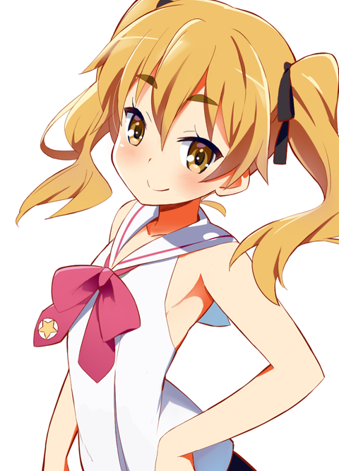 9law armpits black_ribbon blonde_hair blush brown_eyes eyebrows eyebrows_visible_through_hair hair_ribbon hand_on_hip hikaru_(houkago_no_pleiades) houkago_no_pleiades looking_at_viewer ribbon sailor_collar short_hair simple_background sleeveless smile solo thick_eyebrows twintails white_background