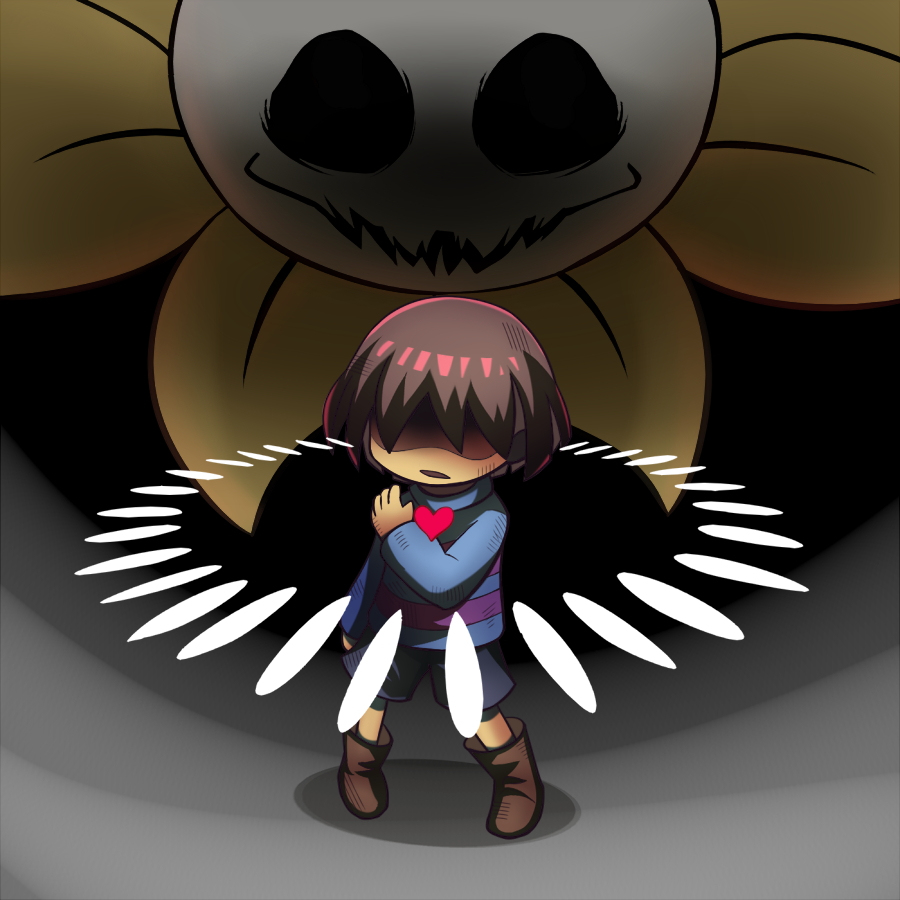 ambiguous_gender clothing duo flora_fauna flowey_the_flower human male mammal nyusu_ut plant protagonist_(undertale) smile undertale video_games wounded