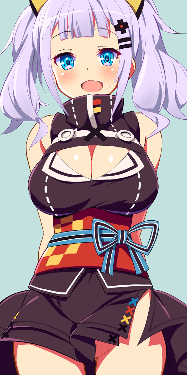 9law :d aqua_background arms_behind_back bare_shoulders black_shirt black_skirt blue_eyes blush breasts cleavage cleavage_cutout cowboy_shot eyebrows_visible_through_hair hair_ornament hairclip highres kaguya_luna kaguya_luna_(character) large_breasts lavender_hair looking_at_viewer miniskirt no_panties obi open_mouth sash shirt short_hair side_slit simple_background skirt skirt_lift sleeveless sleeveless_shirt smile solo twintails virtual_youtuber wind wind_lift