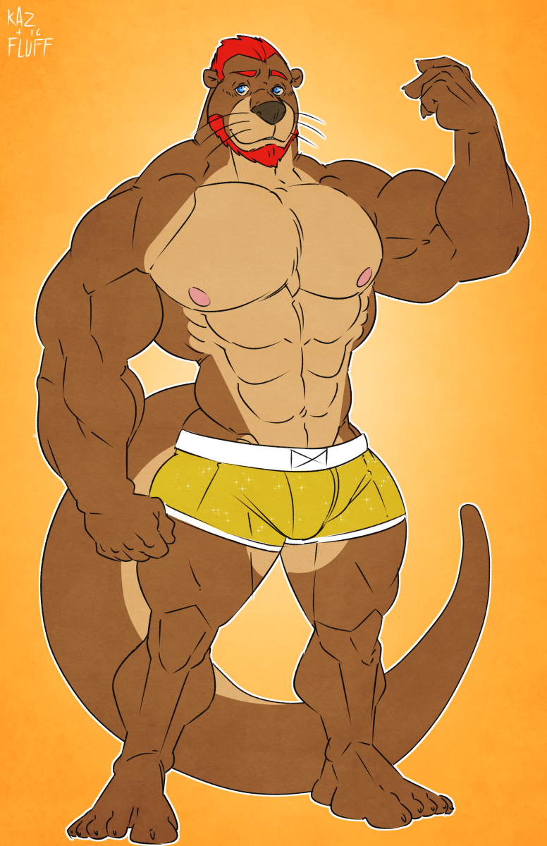 anthro beard bulge clothed clothing facial_hair kazushi looking_at_viewer male mammal muscular muscular_male mustelid nipples otter pecs smile solo standing topless