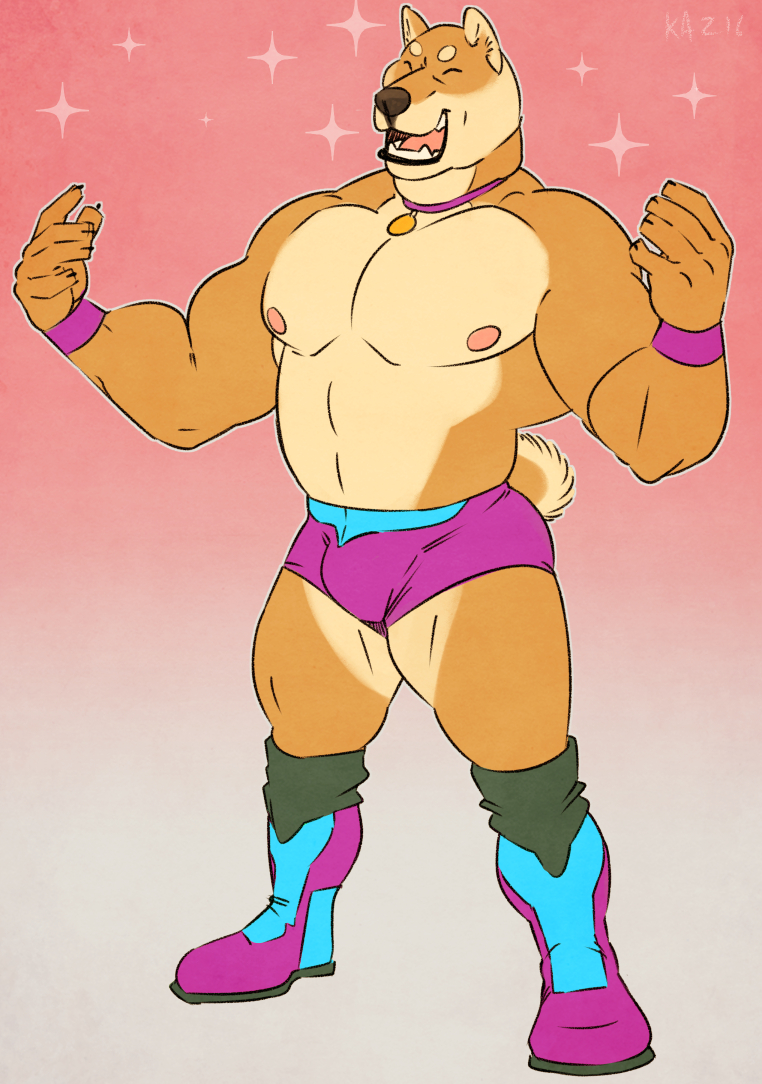 anthro canine clothed clothing collar footwear kazushi male mammal muscular muscular_male nipples open_mouth pecs shoes smile solo standing topless