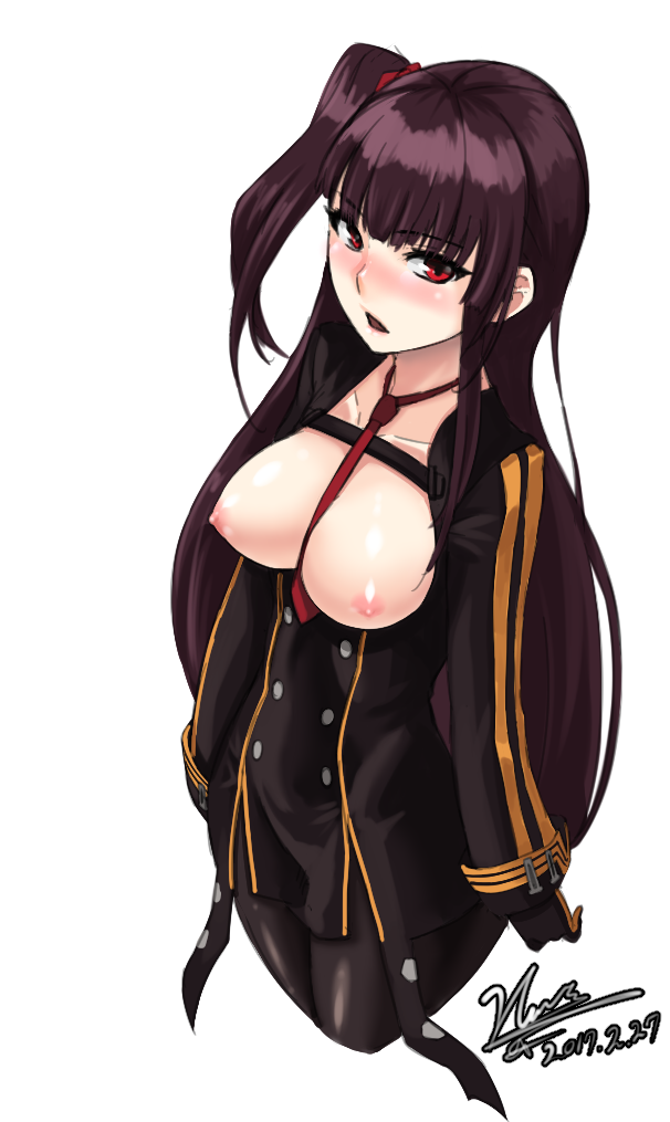 arms_at_sides bangs between_breasts black_gloves black_legwear blunt_bangs blush breasts breasts_outside cloel collarbone cropped_legs dated double-breasted double_vertical_stripe from_above girls_frontline gloves long_hair long_sleeves looking_at_viewer looking_up medium_breasts necktie necktie_between_breasts nipples nose_blush one_side_up open_mouth pantyhose purple_hair red_eyes red_neckwear shiny shiny_hair shiny_skin signature simple_background solo straight_hair tsurime very_long_hair wa2000_(girls_frontline) white_background