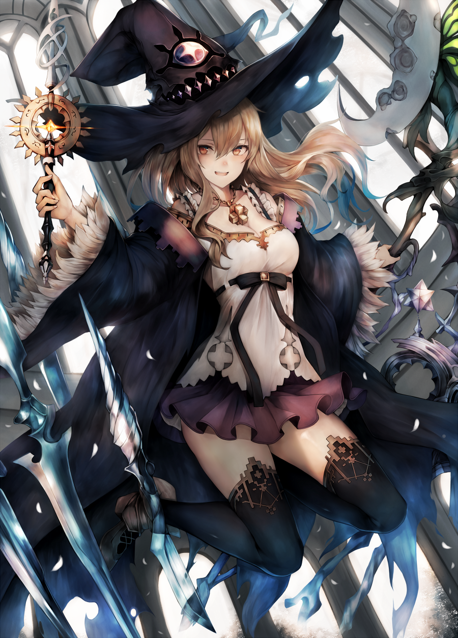 :d black_legwear breasts brown_eyes brown_hair cleavage coat commentary_request dorothy_(shingeki_no_bahamut) dutch_angle frilled_skirt frills full_body gold_trim hat highres holding inaba_sunimi jewelry long_hair looking_at_viewer medium_breasts necklace open_mouth shingeki_no_bahamut skirt smile solo staff thighhighs witch witch_hat zettai_ryouiki