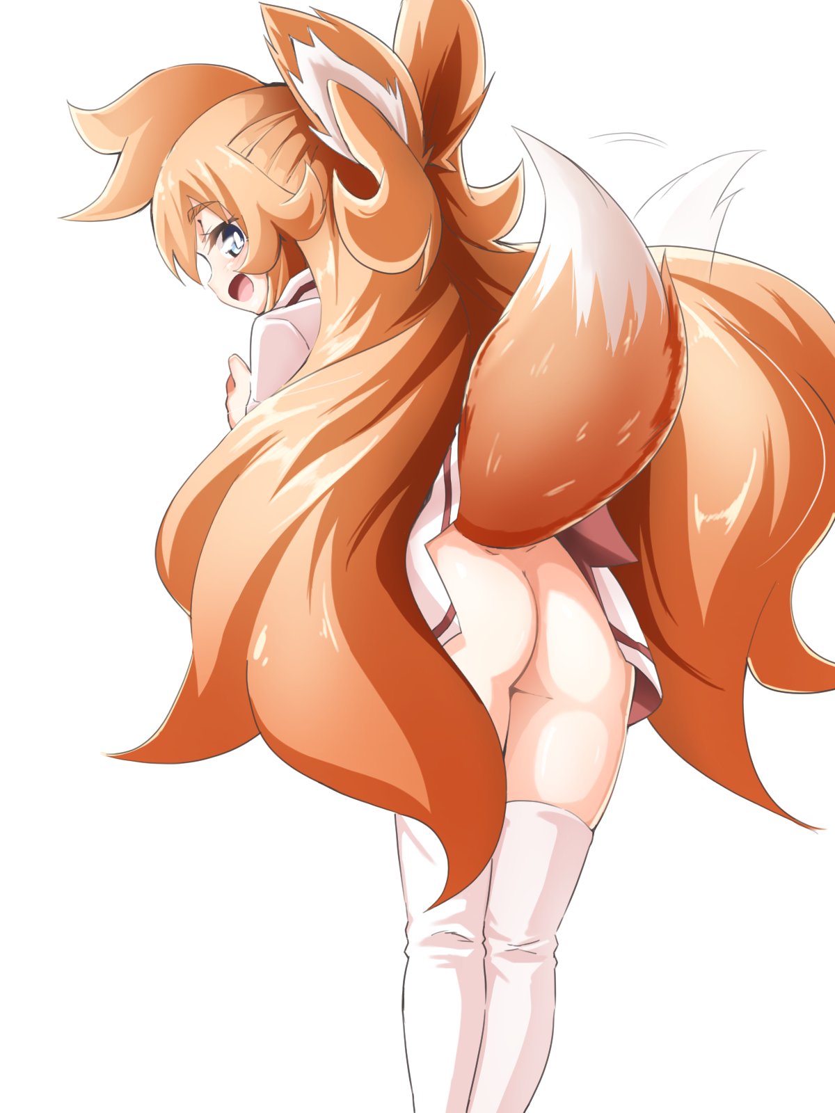ass blue_eyes bottomless fox_tail from_behind looking_back niwaka_potato open_mouth orange_hair original simple_background tail tail_wagging thighhighs white_background