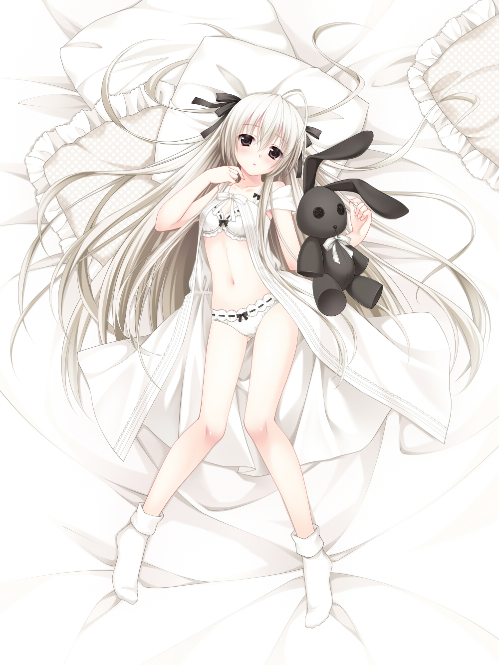:o ass_visible_through_thighs babydoll bangs black_ribbon bow bow_bra bow_panties bra crotch_seam frilled_bra frilled_panties frills from_above full_body hair_ribbon highres kasugano_sora long_hair looking_at_viewer lying navel on_back on_bed panties parted_lips pillow red_eyes ribbon ribbon-trimmed_bra ribbon-trimmed_panties socks solo stuffed_animal stuffed_bunny stuffed_toy summer-d_(dodojune) underwear white_bra white_hair white_legwear white_panties yosuga_no_sora