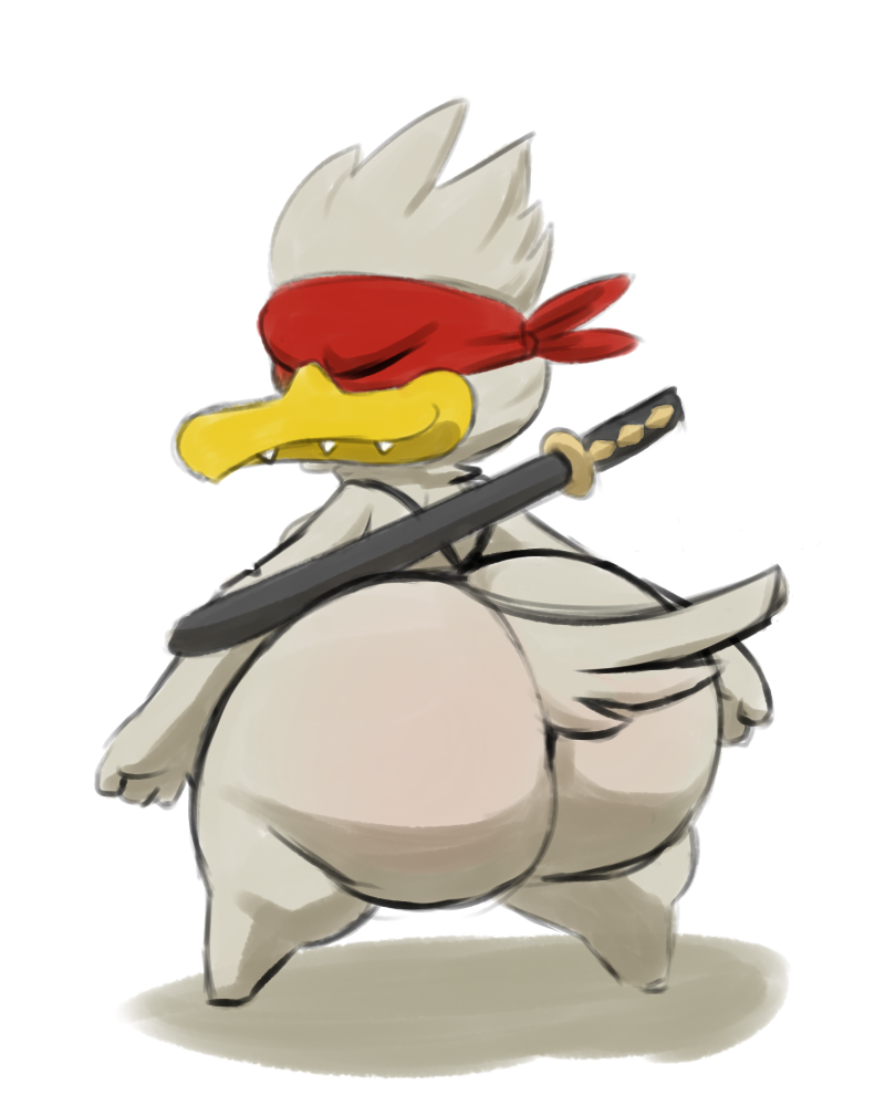 2018 avian big_butt bird breasts butt chicken chicken_(nuclear_throne) cleavage clothed clothing female huge_butt invalid_tag maddeku melee_weapon nuclear_throne overweight rattie smile solo sword thick_thighs video_games weapon wide_hips