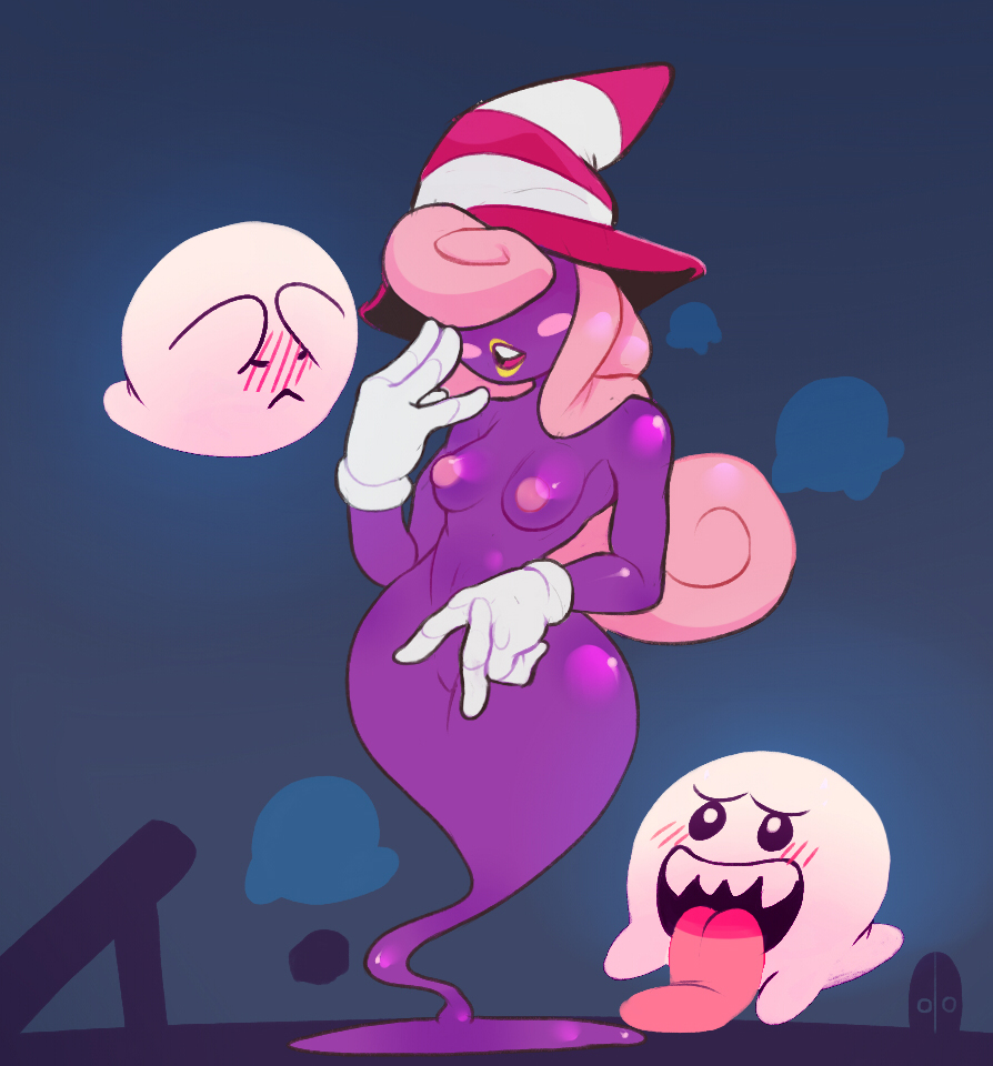 blush boo_(mario) breasts clothing eyes_closed female female_focus full-length_portrait ghost gloves group hair hair_over_eyes hat humanoid humanoid_hands mario_bros mostly_nude nintendo nipples noseless not_furry open_mouth paper_mario pink_hair pink_nipples pink_tongue portrait purple_skin shadow_siren solo_focus spirit starwolfx tongue tongue_out video_games vivian_(mario) wide_hips witch_hat yellow_lips