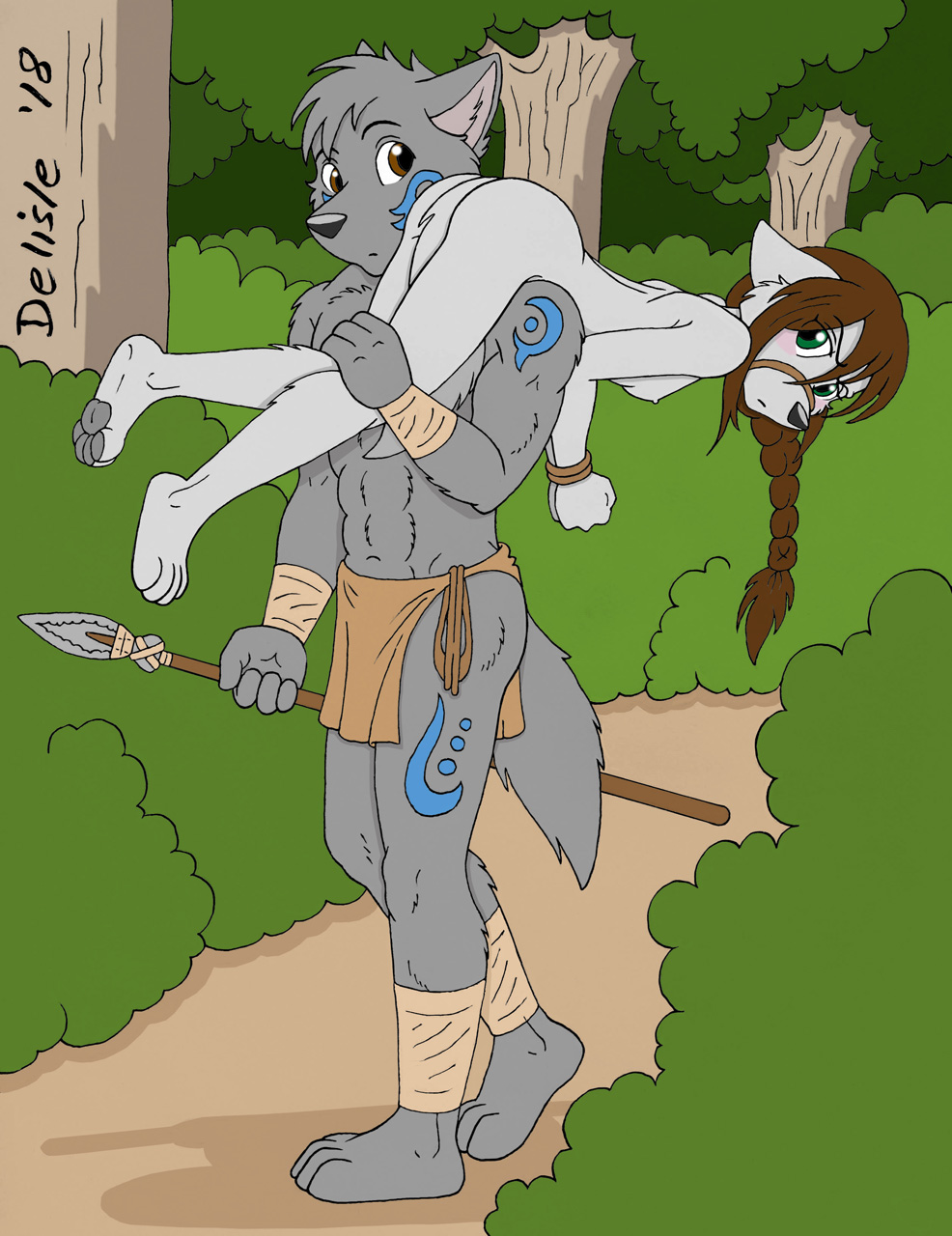 2018 anthro black_nose blush breasts brown_eyes brown_hair canine clothed clothing delisle duo female fur green_eyes grey_fur grey_hair hair loincloth male mammal melee_weapon nipples nude outside polearm spear topless weapon white_fur wolf