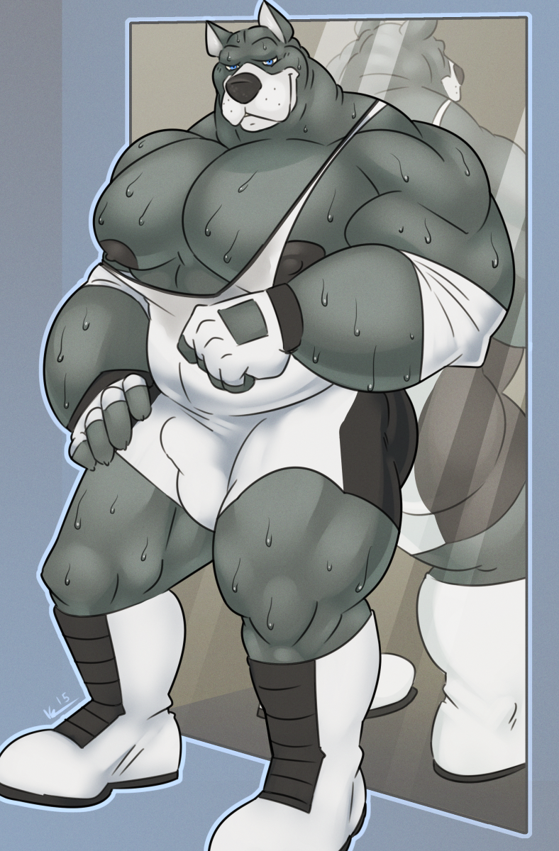 anthro boots bulge canine clothing dog footwear great_dane gym_clothing hound_(character) kazushi looking_at_viewer male mammal mirror muscular muscular_male pecs smile solo standing sweat tight_clothing wrestling_singlet