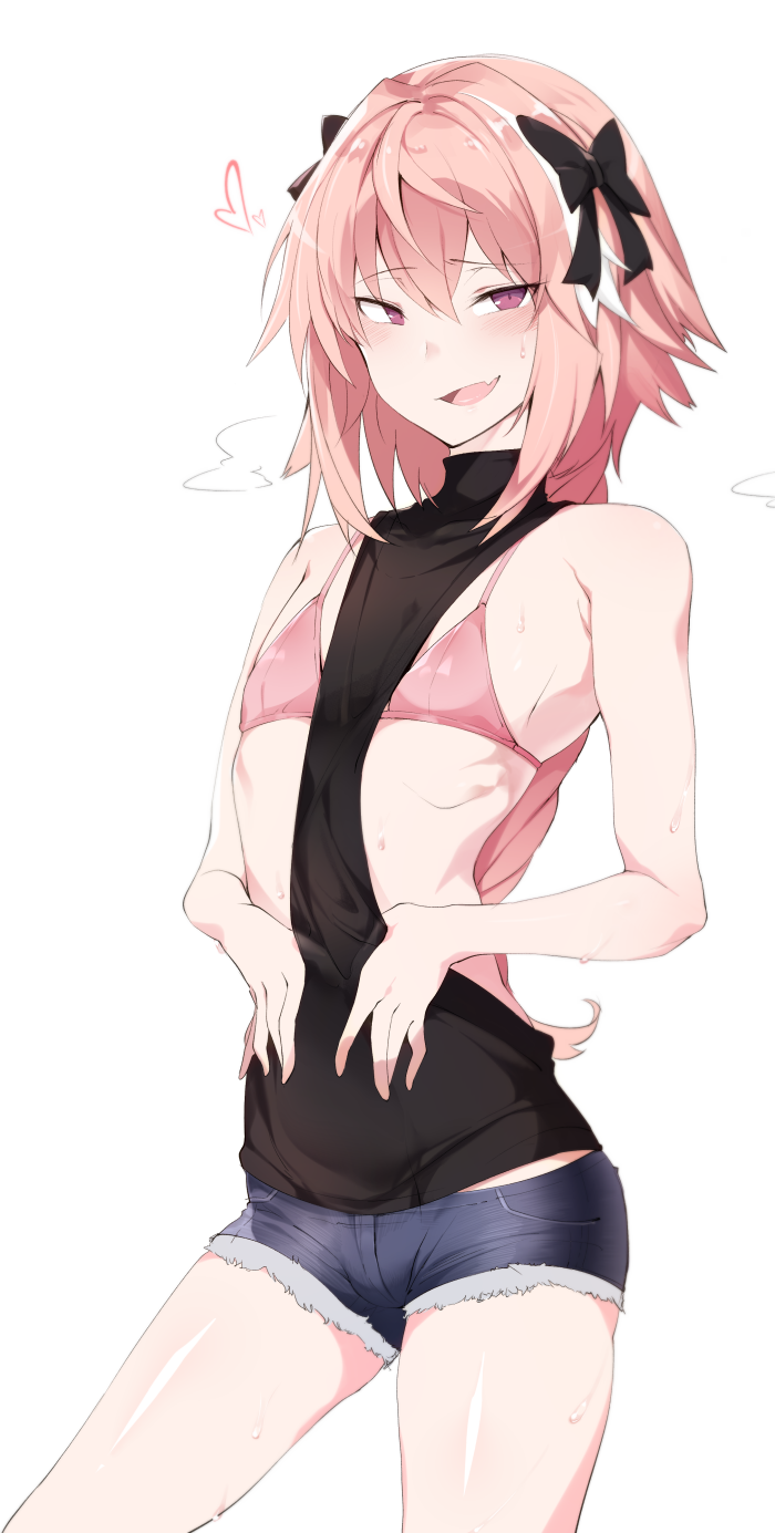 :d astolfo_(fate) bangs bare_arms bare_shoulders bikini_top black_bow black_sweater blush bow braid cowboy_shot crossdressing cutoffs denim denim_shorts eyebrows_visible_through_hair fang fate/apocrypha fate_(series) hair_bow heart highres legs_apart long_hair looking_at_viewer male_focus meme_attire multicolored_hair naughty_face open_mouth otoko_no_ko pink_bikini_top pink_hair pocari_sweat_(artist) purple_eyes shiny shiny_skin short_shorts shorts simple_background single_braid sleeveless smile solo standing streaked_hair sweat sweater thighs two-tone_hair virgin_killer_sweater white_background white_hair