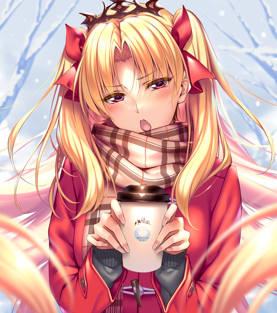 1girl bangs blonde_hair blurry blush breasts coat cup depth_of_field ereshkigal_(fate/grand_order) eyebrows_visible_through_hair fate/grand_order fate_(series) grey_sweater hair_ribbon half-closed_eyes holding holding_cup jewelry long_hair long_sleeves looking_at_viewer nail_polish open_mouth parted_bangs pink_nails piromizu red_coat red_eyes red_ribbon ribbon scarf sidelocks solo sweater tiara tsurime two_side_up upper_body