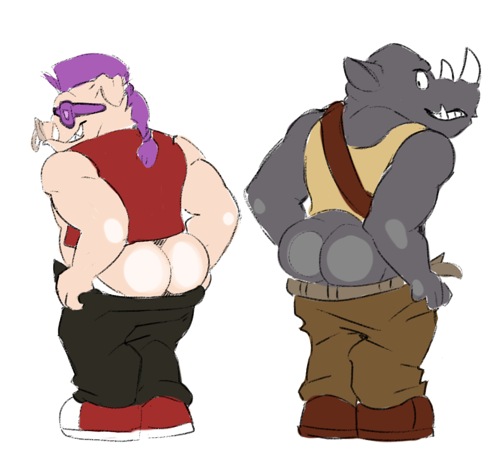 bebop butt clothed clothing derghaze looking_back male male/male mammal mooning on_glass open_pants pants_down partially_clothed porcine rear_view rhinoceros rocksteady simple_background teasing teenage_mutant_ninja_turtles warthog white_background