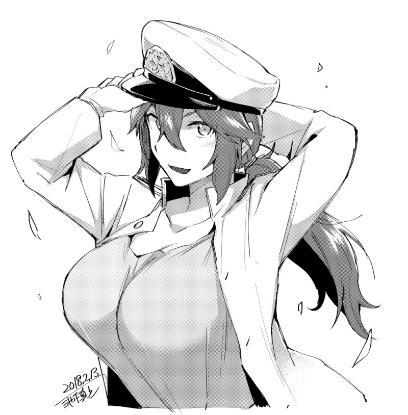 2018 adjusting_clothes adjusting_hat artist_name breasts commentary_request dated female_admiral_(kantai_collection) gloves greyscale hair_between_eyes hair_tie hat ikeshita_moyuko jacket kantai_collection large_breasts long_hair looking_at_viewer monochrome open_mouth peaked_cap ponytail shiomi_kaoru sidelocks smile solo