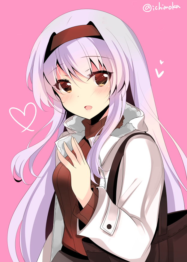 bag bangs blush breasts casual closed_eyes coat hairband hand_up heart ichiyou_moka kantai_collection long_hair long_sleeves looking_at_viewer medium_breasts open_clothes open_coat pink_background red_hairband red_sweater shoukaku_(kantai_collection) sidelocks silver_hair simple_background solo straight_hair sweater tareme turtleneck turtleneck_sweater twitter_username upper_body very_long_hair white_coat