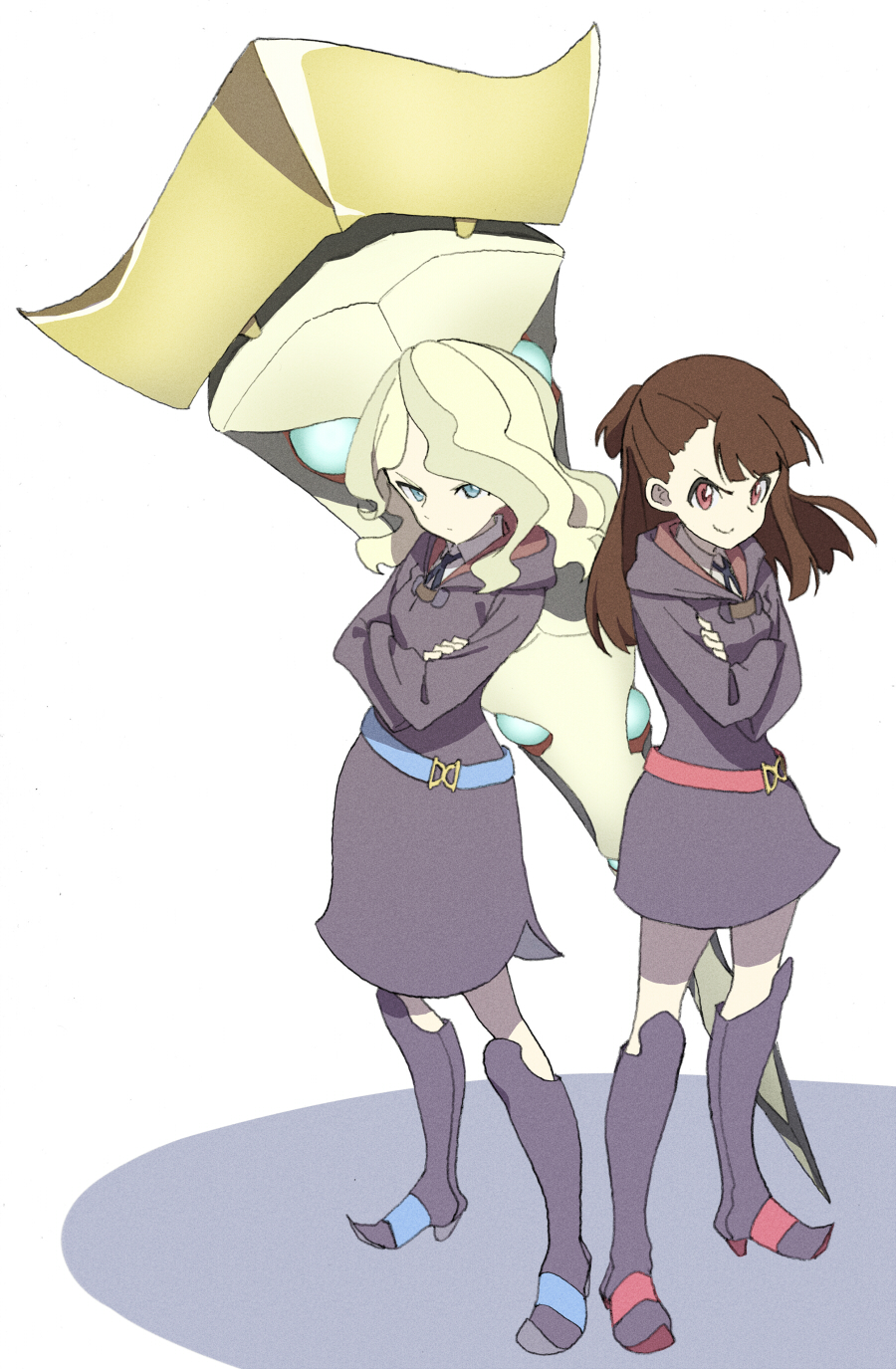 back-to-back belt black_ribbon blonde_hair blue_belt blue_eyes boots breasts brown_hair closed_mouth collared_shirt crossed_arms diana_cavendish dress eyebrows eyebrows_visible_through_hair high_heel_boots high_heels highres kagari_atsuko knee_boots legs_apart little_witch_academia long_hair long_sleeves multiple_girls pink_belt pink_eyes purple_dress purple_footwear ribbon shiny_rod shiratama_(hockey) shirt simple_background small_breasts smile standing v-shaped_eyebrows white_background white_shirt