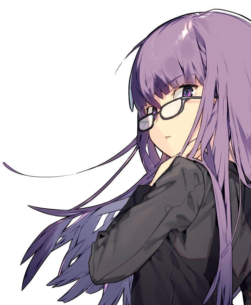 alternate_costume bespectacled black-framed_eyewear black_jacket blazer eyebrows_visible_through_hair from_behind glasses jacket long_hair long_sleeves looking_at_viewer looking_back misoni_comi no_hat no_headwear parted_lips patchouli_knowledge purple_eyes purple_hair simple_background solo touhou upper_body white_background