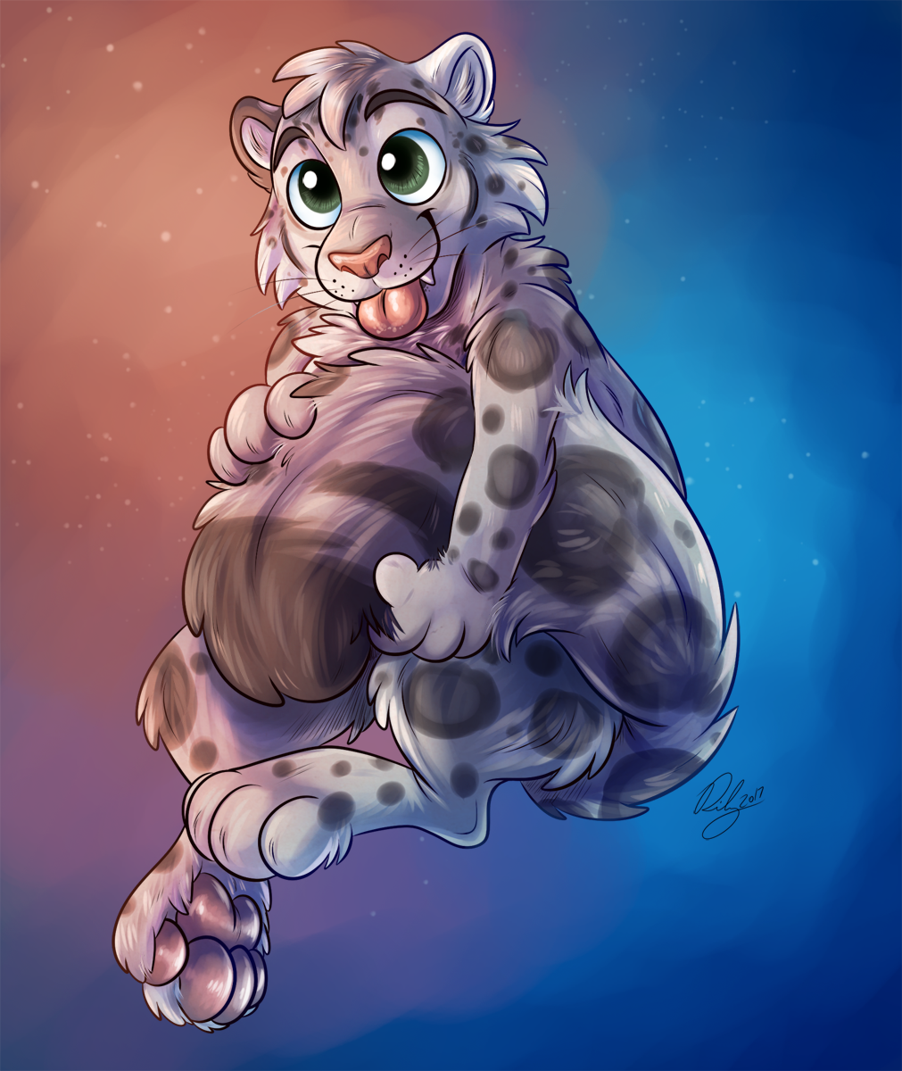 abstract_background ambiguous_gender feline fluffy fluffy_tail happy kieran leopard mammal pawpads snow_leopard tail_grab tail_hug tongue tongue_out waywardmutt