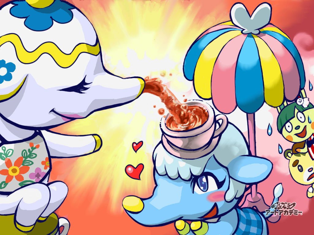 &lt;3 animal_crossing anthro bear beverage blue_eyes blush bottomless bow_tie chai_(animal_crossing) clothed clothing cup cute elephant eyes_closed female hair lagomorph long_ears long_hair long_nose looking_up male mammal marty_(animal_crossing) nintendo open_mouth pouring rabbit rosy_cheeks round_ears sanrio shirt short_hair sitting smile sora_on standing stare sweat tea tia_(animal_crossing) toby_(animal_crossing) video_games