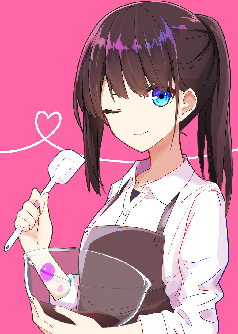 ;) aa_(sin2324) apron bangs bowl brown_apron brown_hair closed_mouth collared_shirt commentary_request dress_shirt eyebrows_visible_through_hair fingernails hakama-chan_(aa) heart holding holding_bowl long_hair long_sleeves looking_at_viewer one_eye_closed original pink_background ponytail shirt sidelocks simple_background sleeves_pushed_up smile solo spatula transparent white_shirt