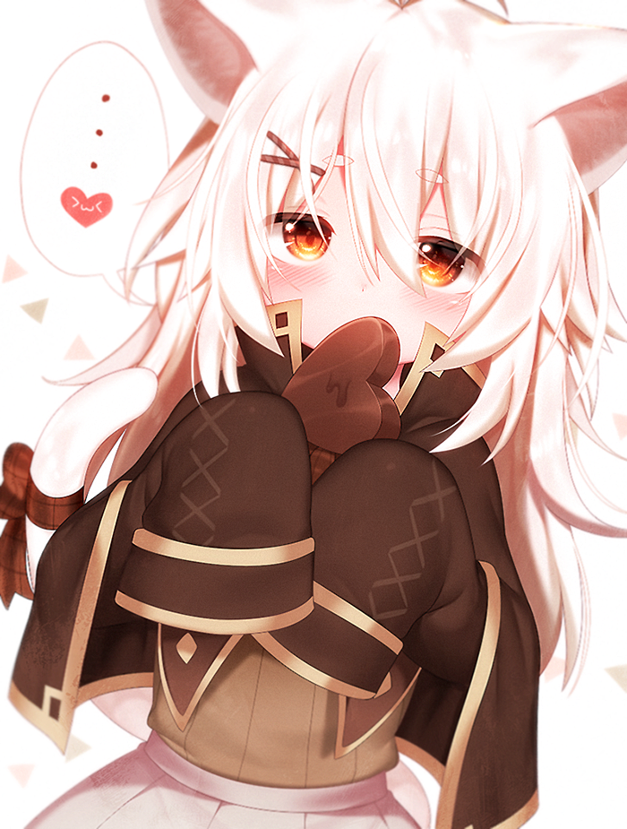 animal_ears capelet cat_ears cat_tail chocolate chocolate_heart commentary_request heart holding long_hair looking_at_viewer mofuaki orange_eyes original ribbon silver_hair sleeves_past_fingers sleeves_past_wrists solo spoken_heart tail tail_ribbon valentine