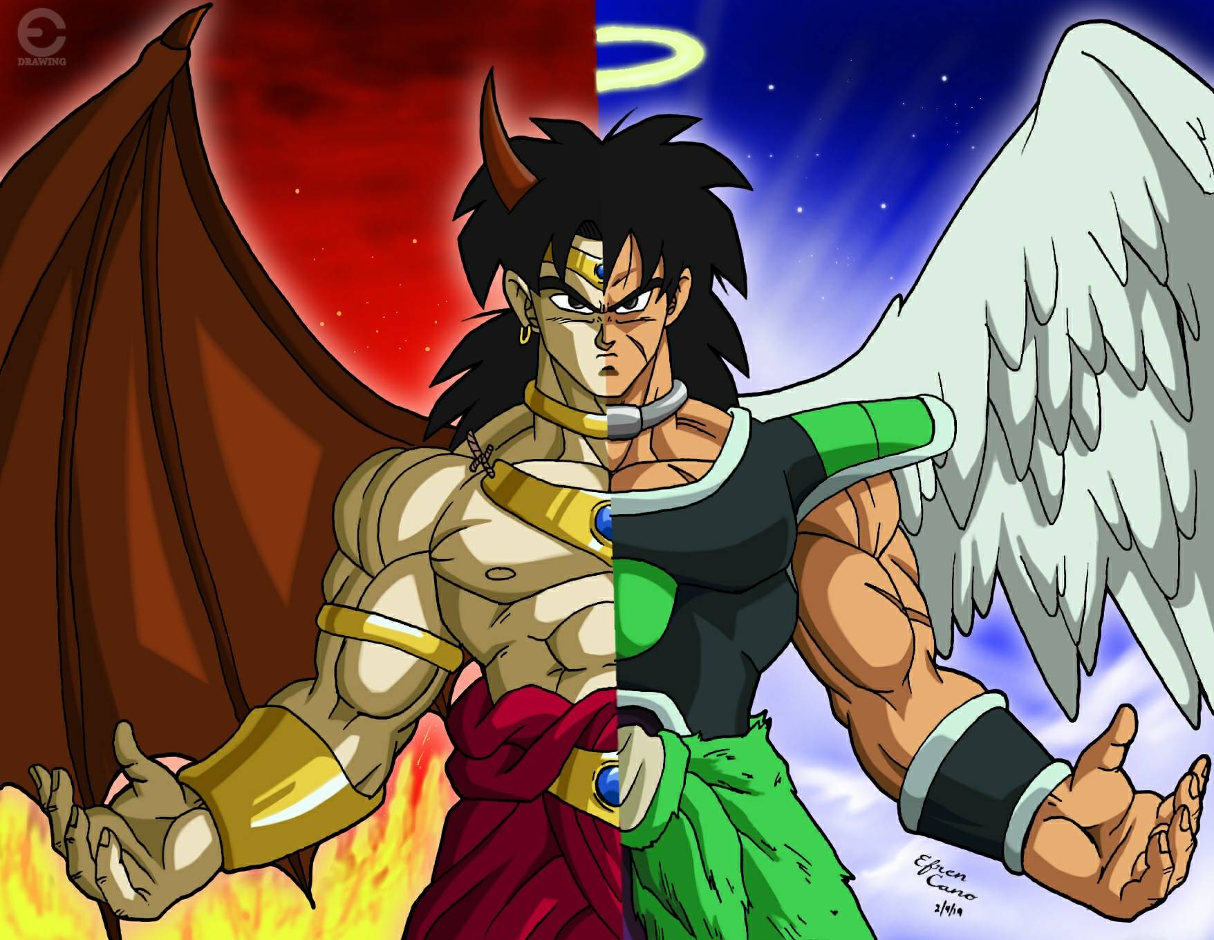 2boys angel_wings animefreak93867 armor black_eyes black_hair blue_background boots bracelet broly broly_(dragon_ball_super) demon_horns demon_wings dragon_ball dragon_ball_super dragonball_z dual_persona earrings fire frown halo highres horns jewelry long_hair male_focus multiple_boys muscle necklace red_background scar spiked_hair wings wristband