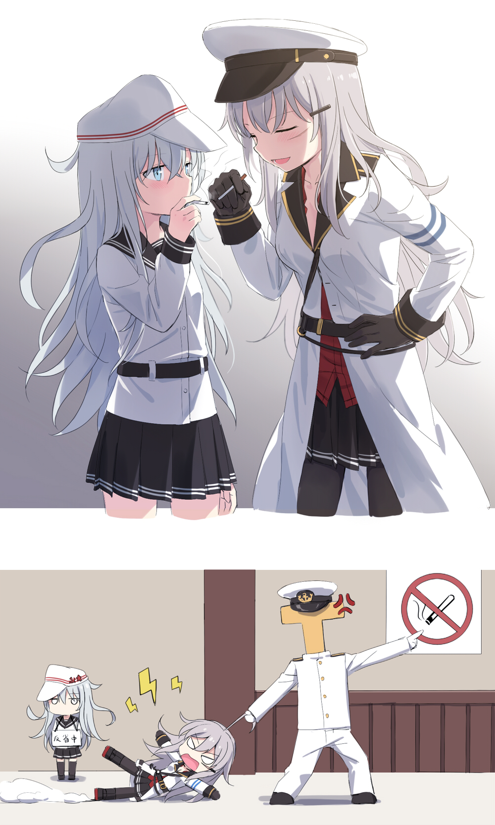 2girls admiral_(kantai_collection) ahoge anger_vein aqua_eyes bad_id bad_pixiv_id brown_gloves cigarette cnm comic commentary_request dragging flat_cap gangut_(kantai_collection) gloves hand_on_hip hat hibiki_(kantai_collection) highres kantai_collection long_hair military military_uniform multiple_girls naval_uniform no_smoking pantyhose peaked_cap pet_shaming pleated_skirt pointing poster_(object) school_uniform serafuku sign sign_around_neck silent_comic silver_hair skirt smoking t-head_admiral thighhighs translated uniform verniy_(kantai_collection)