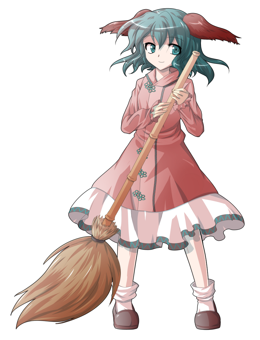 alphes_(style) animal_ears aqua_eyes aqua_hair bamboo_broom bangs black_footwear bobby_socks broom closed_mouth dairi dog_ears dress eyebrows eyebrows_visible_through_hair full_body hair_between_eyes holding holding_broom kasodani_kyouko legs_apart long_sleeves looking_away looking_to_the_side parody pink_dress shoes short_hair sleeves_past_wrists smile socks solo standing style_parody tachi-e touhou transparent_background white_legwear