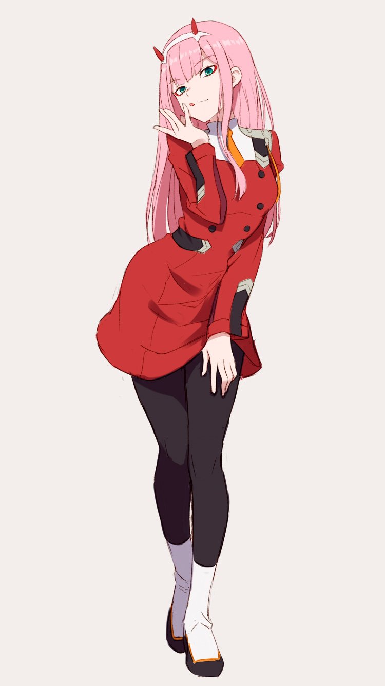 :p aqua_eyes bangs commentary darling_in_the_franxx dress green_eyes hairband highres horns hyuuga_azuri long_hair military military_uniform orange_neckwear pantyhose pink_hair red_dress solo tongue tongue_out uniform white_hairband zero_two_(darling_in_the_franxx)