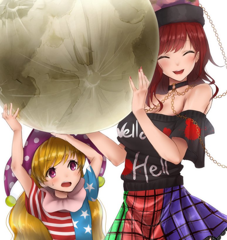 2girls :d ^_^ akehi_yuki american_flag_dress arms_up bangs bare_shoulders black_choker black_shirt blonde_hair blue_dress blush breasts chains choker cleavage closed_eyes clownpiece commentary_request cowboy_shot dress eyebrows_visible_through_hair eyes_closed facing_viewer green_skirt hat hecatia_lapislazuli holding jester_cap large_breasts long_hair moon_(ornament) multicolored multicolored_clothes multicolored_skirt multiple_girls nail_polish neck_ruff off-shoulder_shirt off_shoulder open_mouth plaid plaid_skirt polka_dot polka_dot_hat polos_crown purple_eyes purple_hat purple_skirt red_dress red_hair red_nails red_skirt shirt short_sleeves simple_background skirt smile standing star star_print striped striped_dress sweat swept_bangs t-shirt touhou upper_body white_background white_dress