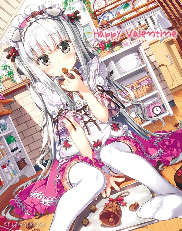 animal_ears apron bell bowl chocolate chocolate_heart commentary dog_ears eating fujima_takuya gradient_hair happy_valentine heart holding long_hair looking_at_viewer maid maid_apron maid_headdress multicolored_hair no_shoes original silver_eyes sitting solo thighhighs tray two_side_up valentine white_hair white_legwear zettai_ryouiki