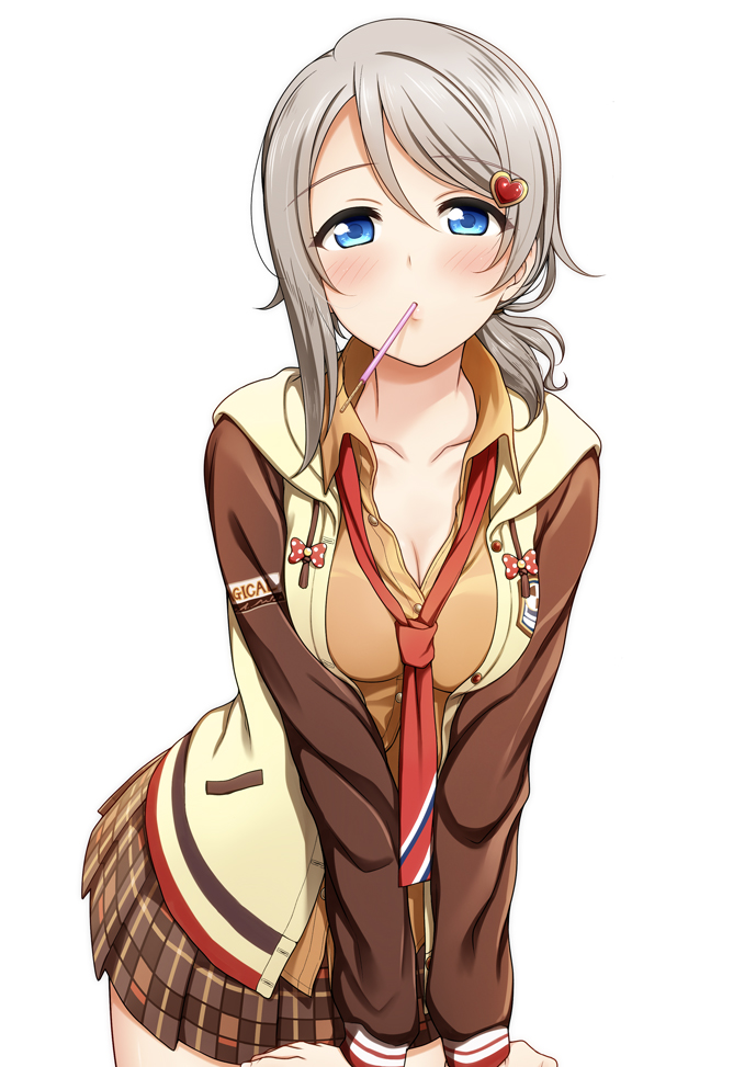 blue_eyes blush breasts brown_jacket brown_skirt cleavage commentary_request food grey_hair hair_ornament heart heart_hair_ornament jacket long_sleeves looking_at_viewer loose_necktie love_live! love_live!_school_idol_festival love_live!_sunshine!! low_ponytail medium_breasts miniskirt mouth_hold necktie plaid plaid_skirt pleated_skirt pocky red_neckwear school_uniform side_ponytail simple_background skirt solo suzume_miku watanabe_you white_background
