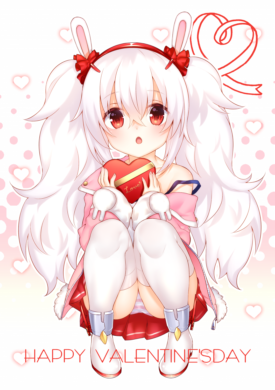 :o animal_ears azur_lane bangs box bunny_ears camisole chihiro_(khorosho) chocolate chocolate_heart commentary_request eyebrows_visible_through_hair gift gift_box hair_between_eyes hair_ornament hairband heart heart-shaped_box highres holding holding_gift jacket laffey_(azur_lane) long_hair long_sleeves looking_at_viewer off_shoulder panties pantyshot pantyshot_(squatting) parted_lips pink_jacket pleated_skirt red_eyes red_hairband shoes silver_hair simple_background sitting skirt sleeves_past_wrists solo squatting strap_slip striped striped_panties thighhighs twintails underwear very_long_hair white_camisole white_footwear white_legwear