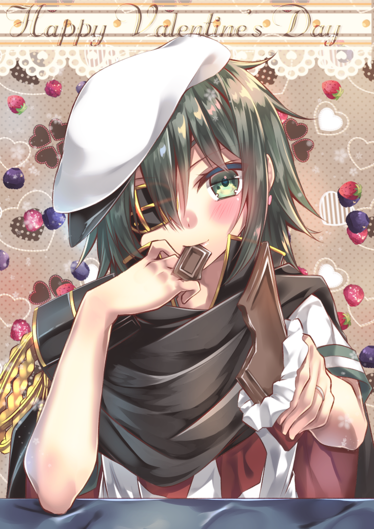 blush cape chocolate eyepatch food green_eyes green_hair hat heart holding holding_food jewelry kantai_collection kiso_(kantai_collection) mouth_hold pauldrons remodel_(kantai_collection) ring sailor_hat short_hair short_sleeves solo valentine wedding_band white_hat yuihira_asu