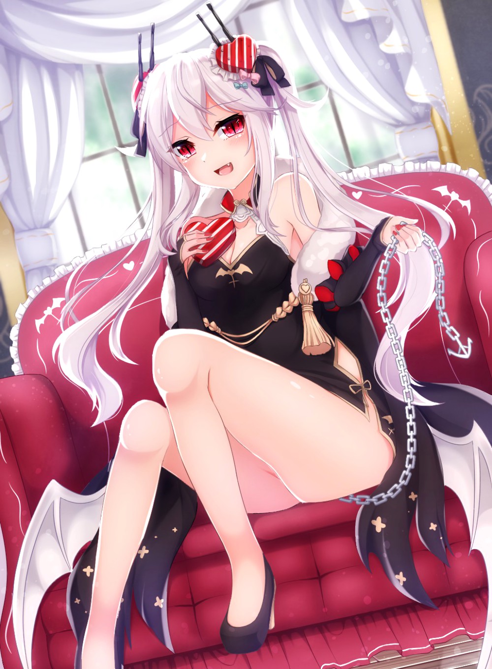 ass azur_lane bare_shoulders black_dress black_footwear black_legwear blush box breasts bridal_gauntlets chain cleavage couch curtains dress dutch_angle fang frills heart heart-shaped_box high_heels highres holding holding_box indoors legs long_hair looking_at_viewer nail_polish nya_rl open_mouth red_eyes red_nails shoes short_dress sitting slit_pupils smile solo thighhighs twintails valentine vampire_(azur_lane) very_long_hair white_hair window
