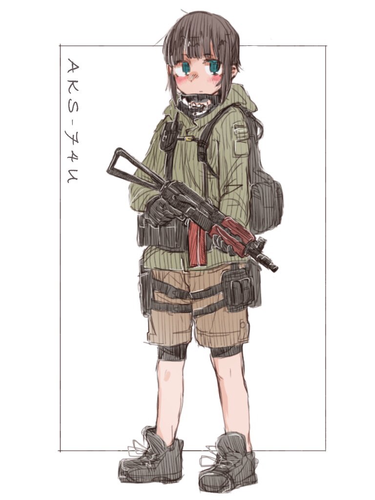 aks-74u aqua_eyes assault_rifle bike_shorts brown_hair gun holding holding_gun holding_weapon kuro4221 load_bearing_equipment military original rifle shorts solo weapon