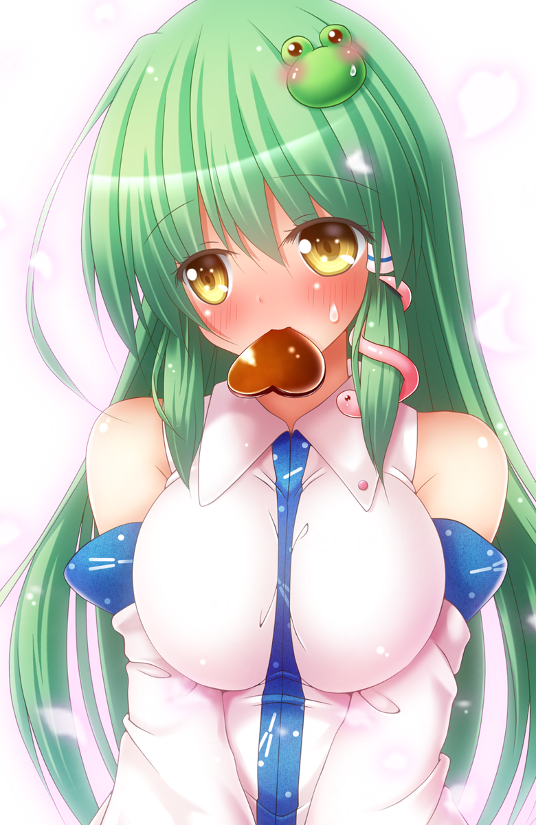bare_shoulders breasts chocolate chocolate_heart commentary_request detached_sleeves eyes_visible_through_hair frog_hair_ornament green_hair hair_ornament hair_tubes heart highres kochiya_sanae large_breasts long_hair looking_away mouth_hold osashin_(osada) simple_background snake_hair_ornament solo sweatdrop touhou upper_body valentine white_background yellow_eyes