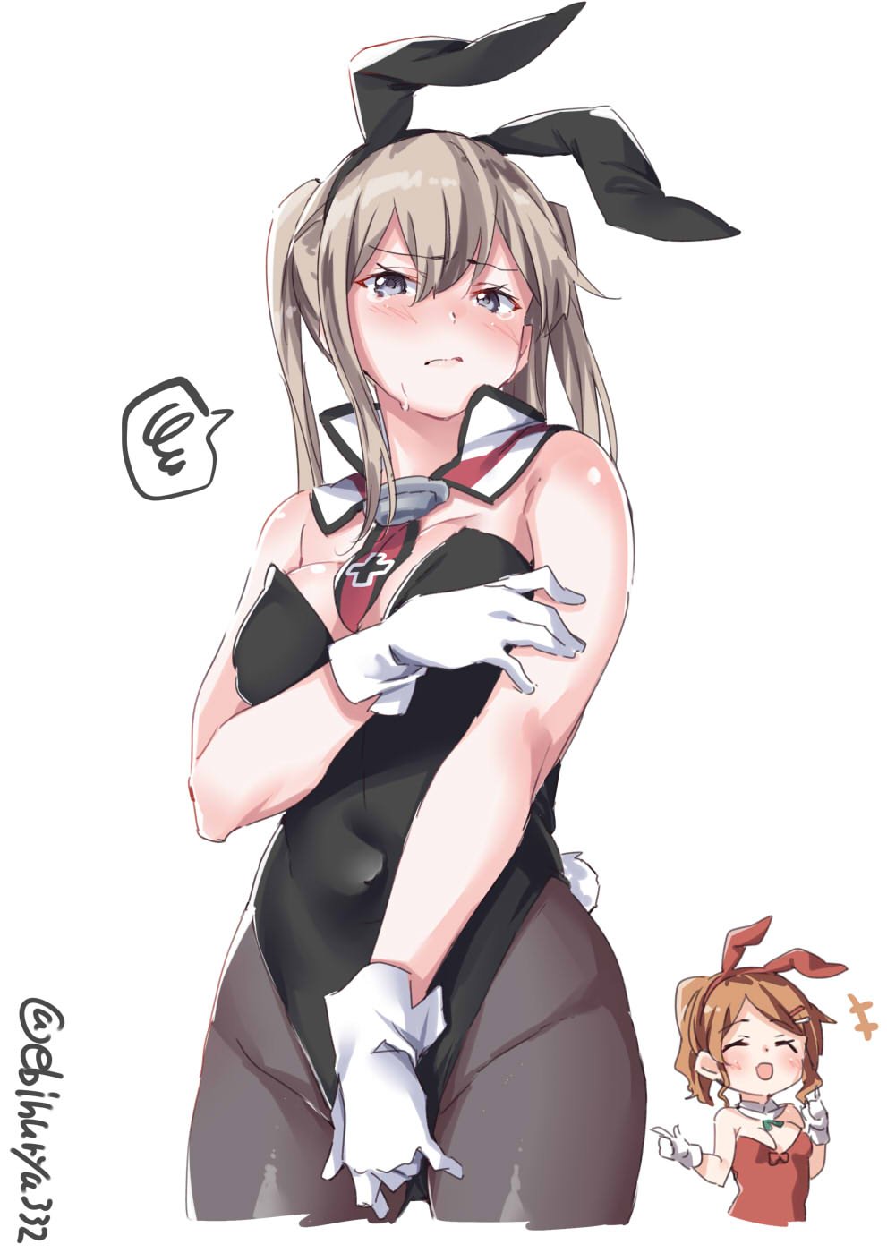 2girls alternate_costume animal_ears aquila_(kantai_collection) bare_shoulders black_legwear black_leotard blonde_hair breasts bunny_ears bunny_girl bunny_tail celtic_knot closed_mouth commentary_request covered_navel cowboy_shot detached_collar ebifurya embarrassed eyes_closed fake_animal_ears gloves graf_zeppelin_(kantai_collection) grey_eyes hair_between_eyes hair_ornament hairclip high_ponytail highres iron_cross kantai_collection large_breasts leotard looking_at_viewer multiple_girls open_mouth orange_hair pantyhose pointing pointing_forward red_leotard sidelocks spoken_squiggle squiggle strapless strapless_leotard tail tears tsurime twintails twitter_username wavy_hair wavy_mouth white_gloves wrist_cuffs