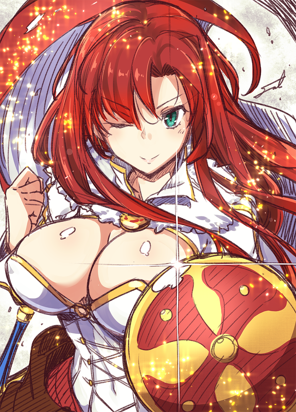 &gt;:) aqua_eyes asymmetrical_bangs bangs blush boudica_(fate/grand_order) breasts cleavage cleavage_cutout clenched_hand closed_mouth corset covered_navel fate/grand_order fate_(series) fue_(rhomphair) fur_collar glint highres large_breasts light_particles lips long_hair looking_at_viewer red_hair shield shiny shiny_hair signature sketch solo upper_body v-shaped_eyebrows