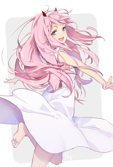 aqua_eyes bare_legs barefoot darling_in_the_franxx dress hairband hong_(white_spider) horns long_hair looking_at_viewer looking_back open_eyes open_mouth pink_hair solo white_dress white_hairband zero_two_(darling_in_the_franxx)