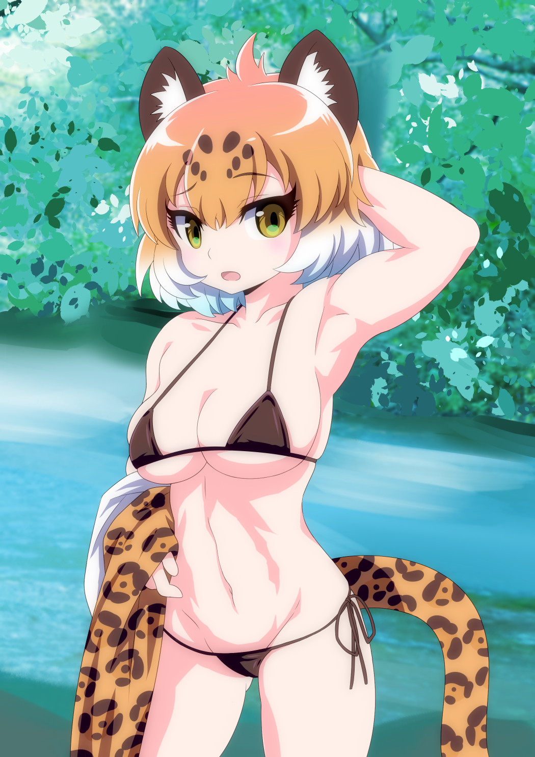 animal_ears arm_up armpits bikini blonde_hair breasts brown_bikini cleavage commentary_request cowboy_shot day eyebrows_visible_through_hair hand_in_hair highres holding holding_clothes jaguar_(kemono_friends) jaguar_ears jaguar_print jaguar_tail kemono_friends looking_at_viewer medium_breasts multicolored_hair navel open_mouth outdoors quatre_aaaa short_hair side-tie_bikini side-tie_bottom solo standing stomach swimsuit tail toned tsurime water white_hair yellow_eyes