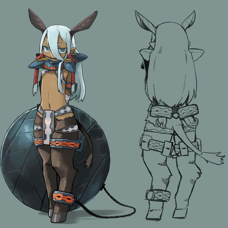 aqua_eyes aqua_hair arms_behind_back ars_goetia ball_and_chain_restraint bit_gag bound bound_arms bound_legs breasts chain commentary_request cuffs dark_skin fantasy gag gagged hair_between_eyes hooves horse_tail kamukamu6392 loincloth long_hair looking_at_viewer midriff monster_girl navel original pelvic_curtain pointy_ears shackles simple_background small_breasts tail tied_up