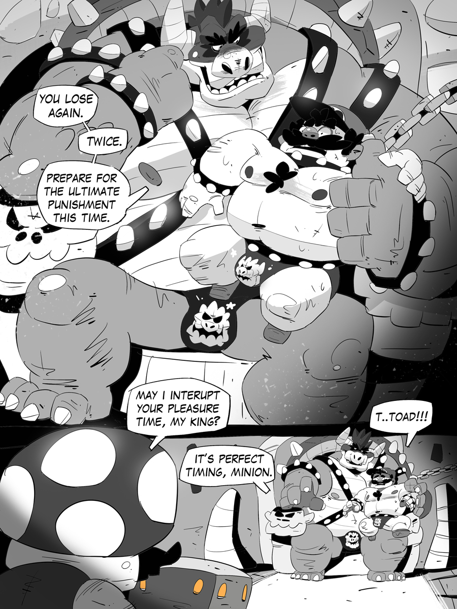 2018 amphibian bowser bulge chain chair clothed clothing collar comic english_text facial_hair galgard harness hat horn human koopa larger_male male mammal mario mario_bros monochrome muscular muscular_male mustache nintendo on_lap overweight scalie shell sitting size_difference speech_bubble spiked_armlet spiked_collar spikes text thong throne toad topless video_games