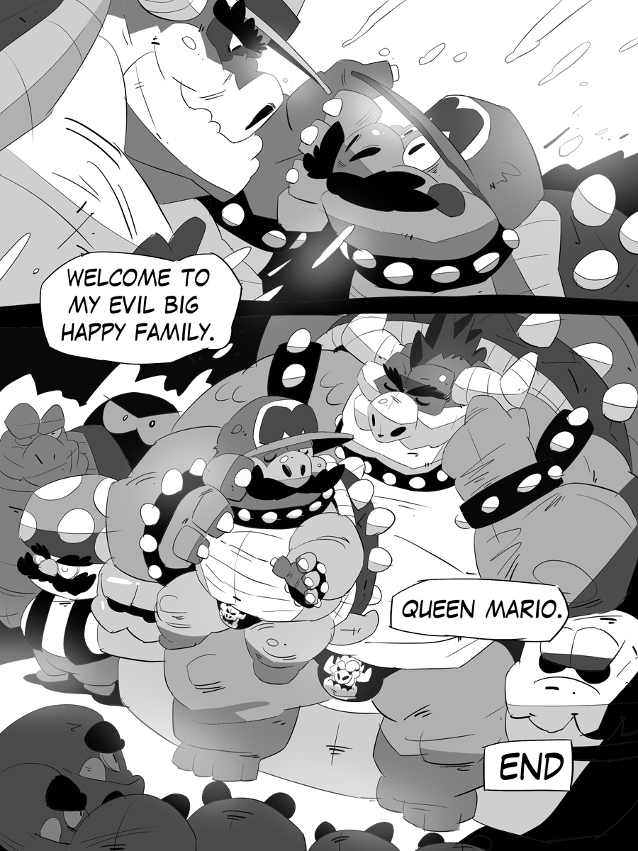 2018 amphibian bowser bulge clothed clothing collar comic english_text eyes_closed facial_hair galgard hat horn koopa larger_male male mario mario_bros monochrome muscular muscular_male mustache nintendo on_lap overweight scalie shell size_difference smile speech_bubble spiked_armlet spiked_collar spikes text thong toad topless vest video_games