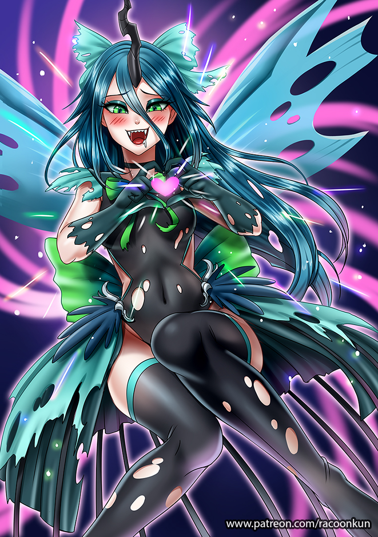 &lt;3 2018 abstract_background animal_humanoid armwear blush bow changeling choker clothed clothing cute drooling elbow_gloves eyebrows eyebrows_visible_through_hair eyelashes eyeshadow fangs female friendship_is_magic fully_clothed gloves green_eyes green_sclera hair hair_bow hair_ribbon holidays horn humanoid insect_wings legwear leotard long_hair looking_at_viewer makeup mascara my_little_pony navel open_mouth open_smile portrait purple_background queen_chrysalis_(mlp) racoon-kun ribbons saliva simple_background slit_pupils smile solo spiral_background stockings teal_hair teeth thigh_highs tongue torn_clothing valentine's_day watermark wings