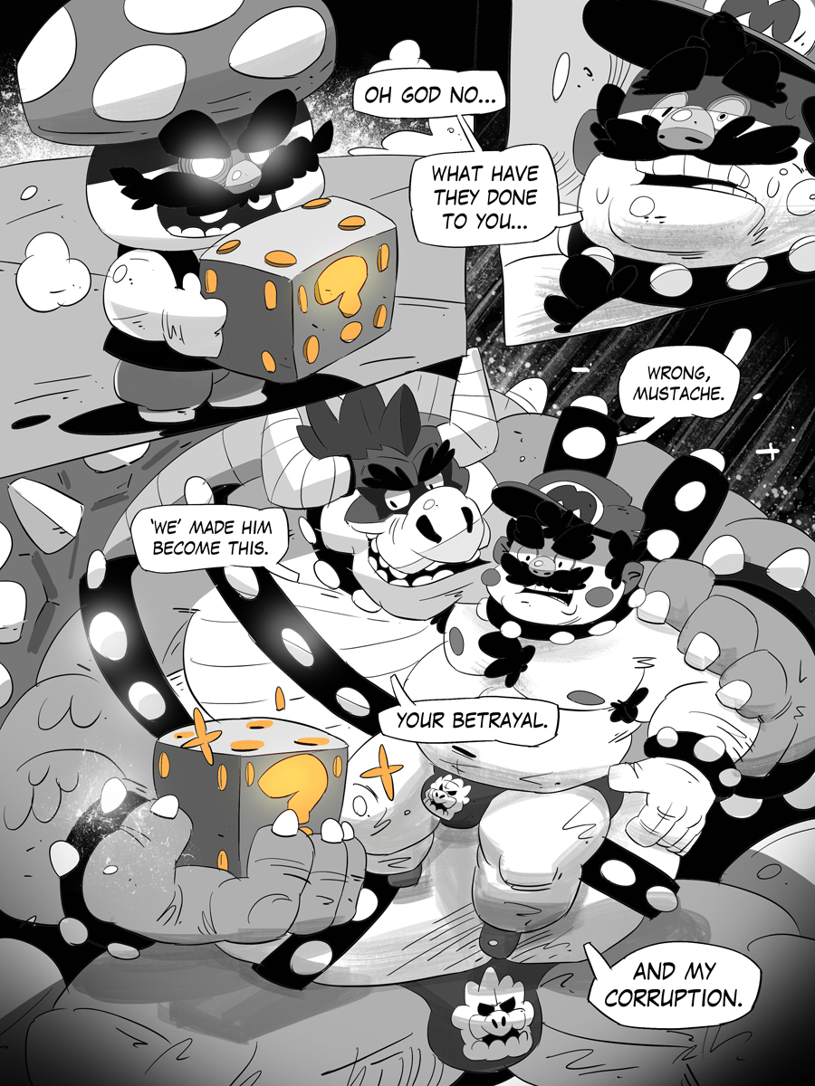 2018 bowser bulge chain chair clothed clothing collar comic corruption english_text facial_hair galgard harness hat horn human koopa larger_male male mammal mario mario_bros monochrome muscular muscular_male mustache nintendo on_lap overweight scalie shell sitting size_difference speech_bubble spiked_armlet spiked_collar spikes text thong throne topless vest video_games white_eyes