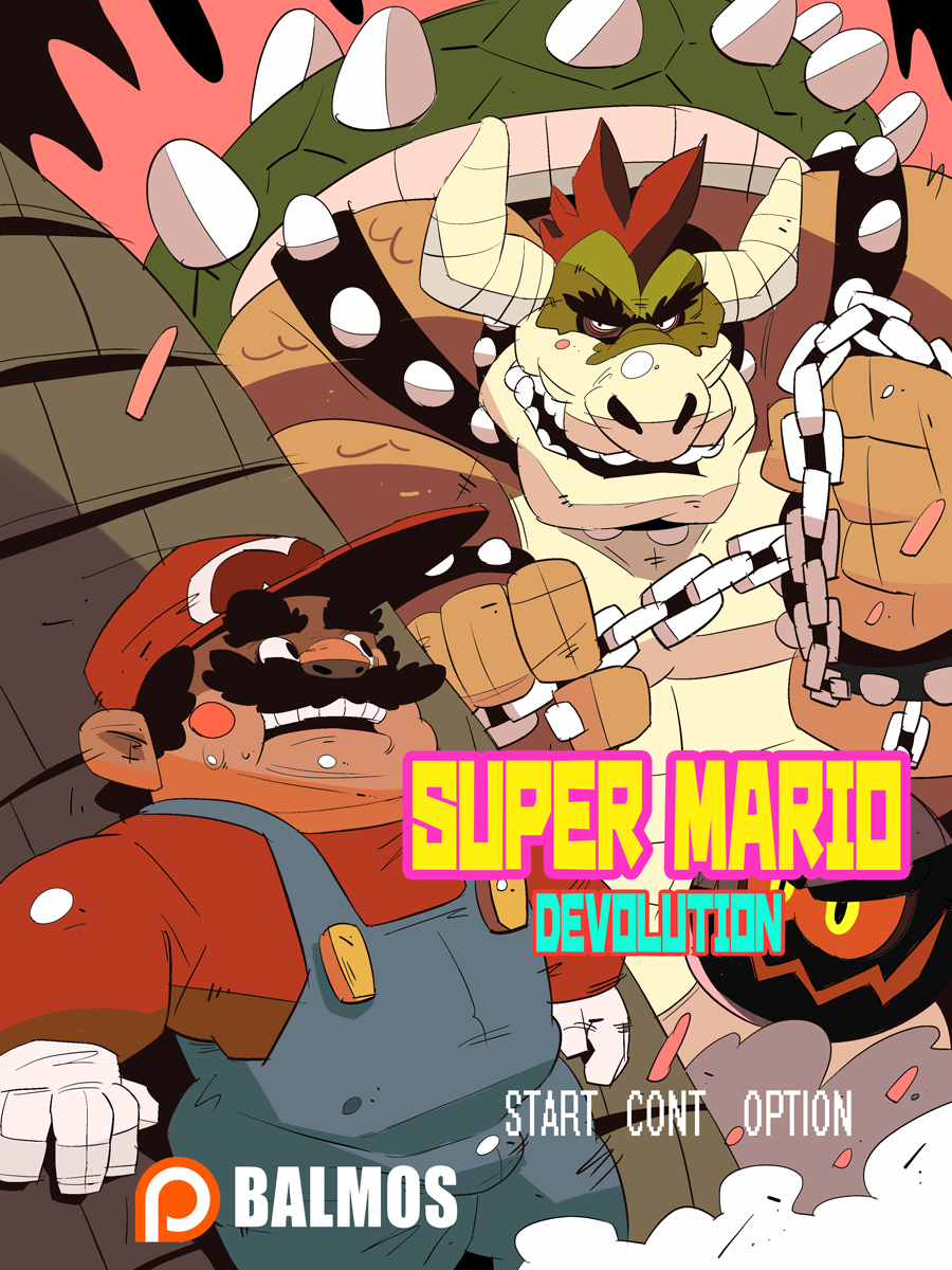 2018 amphibian bowser chain clothed clothing collar duo facial_hair fully_clothed galgard hat horn human koopa looking_at_another male mammal mario mario_bros monochrome mustache nintendo overalls scalie shell spiked_armlet spiked_collar spikes title_page toad video_games