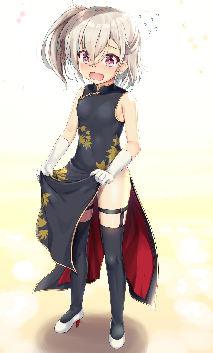 :o azur_lane bangs bare_shoulders black_dress black_legwear blush breasts china_dress chinese_clothes commentary_request dress elbow_gloves eyebrows_visible_through_hair fang flower flying_sweatdrops full_body gloves hair_between_eyes high_heels highres lifted_by_self looking_at_viewer niiya nose_blush open_mouth pelvic_curtain purple_eyes side_ponytail silver_hair sleeveless sleeveless_dress small_breasts solo standing thigh_strap thighhighs wavy_mouth white_flower white_footwear z1_leberecht_maass_(azur_lane)