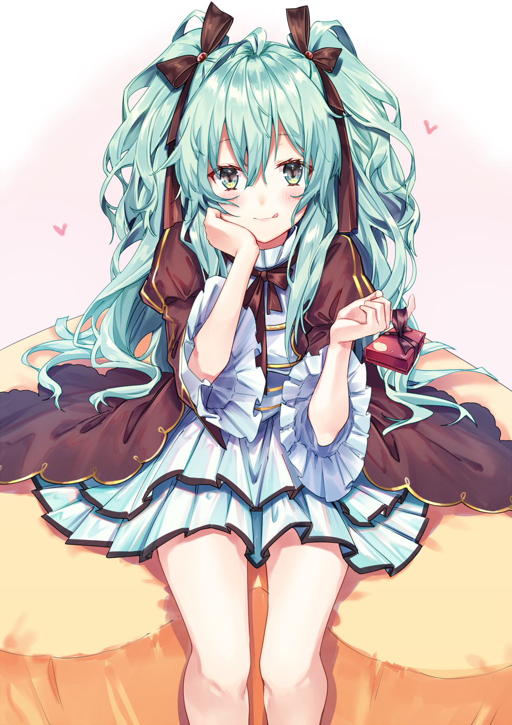 aqua_eyes aqua_hair bangs bare_legs black_dress black_ribbon blush closed_mouth commentary_request dress eyebrows_visible_through_hair feet_out_of_frame frilled_sleeves frills gift hair_ribbon hand_on_own_cheek heart highres holding holding_gift long_hair looking_at_viewer original puffy_sleeves ribbon sitting solo tongue tongue_out twintails valentine very_long_hair wide_sleeves yuya_(night_lily)